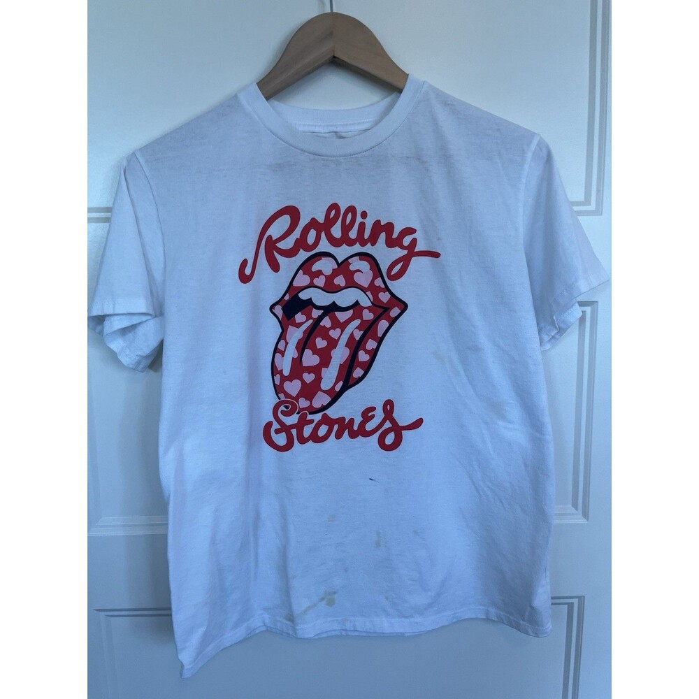 The Rolling Stones White Graphic T-Shirt Tongue Lips Heart Print Size XL